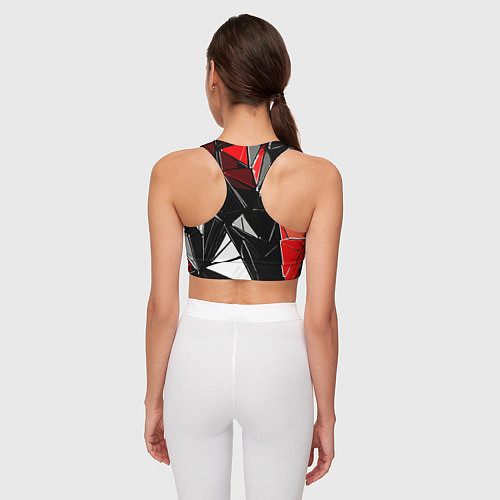 Женский спортивный топ Красно-белые рельефные треугольники на чёрном фоне / 3D-принт – фото 4