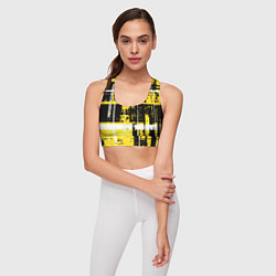 Топик спортивный женский Жёлто-белый гранж на чёрном фоне, цвет: 3D-принт — фото 2
