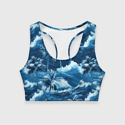Женский спортивный топ Пальмы и волны - голубые оттенки паттерн