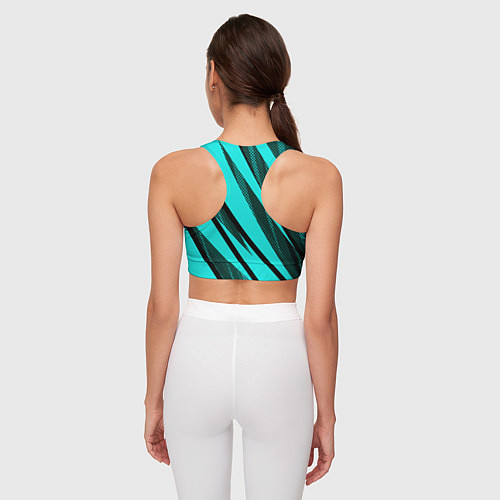 Женский спортивный топ Неоновый голубой с чёрным абстракция с полосами / 3D-принт – фото 4