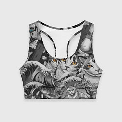 Женский спортивный топ С котами и рыбой на фоне сакуры в волнах