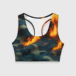 Топик спортивный женский Огонь на камуфляжной ткани, цвет: 3D-принт