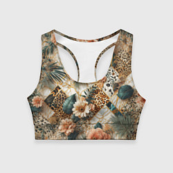 Женский спортивный топ Цветы на кусках мрамора и леопардовом узоре
