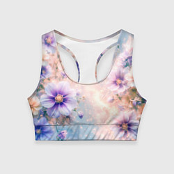 Женский спортивный топ Нежный голубой цветочный с золотистым свечением