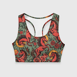 Топик спортивный женский Красный конь и розы, цвет: 3D-принт