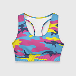 Топик спортивный женский Камуфляж: голубой/розовый/желтый, цвет: 3D-принт