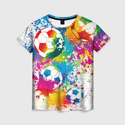 Женская футболка Футбольные мячи - красочные брызги