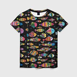 Женская футболка Разноцветные рыбы - черный фон