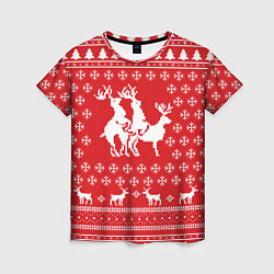 Футболка женская Свитер с оленями красный, цвет: 3D-принт
