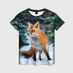 Женская футболка Лиса в зимнем лесу