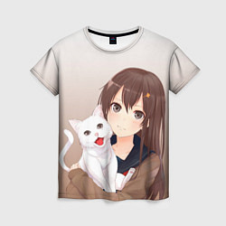 Футболка женская Девочка и белый кот аниме, цвет: 3D-принт