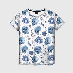 Женская футболка Узор Голубые черепа с цветами