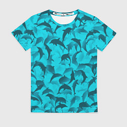 Футболка женская Синий камуфляж с дельфинами, цвет: 3D-принт