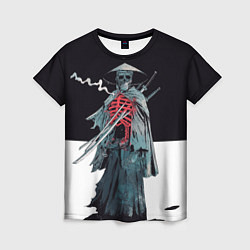 Женская футболка Скелет Самурай с трубкой на черно белом фоне