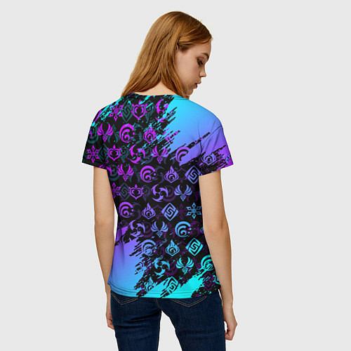 Женская футболка GENSHIN NEON PATTERN SYMBOL НЕОН ЭМБЛЕМЫ / 3D-принт – фото 4
