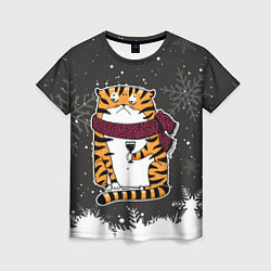 Женская футболка Тигр с бокалом вина