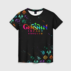 Женская футболка GENSHIN IMPACT NEON LOGO RAINBOW STYLE, ЭМБЛЕМЫ