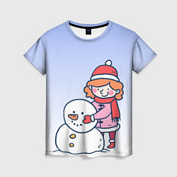 Женская футболка Девочка лепит снеговика