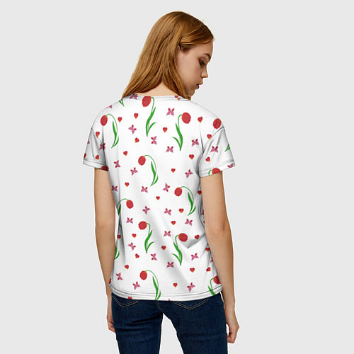 Женская футболка Тюльпаны, бабочки, сердечки / 3D-принт – фото 4