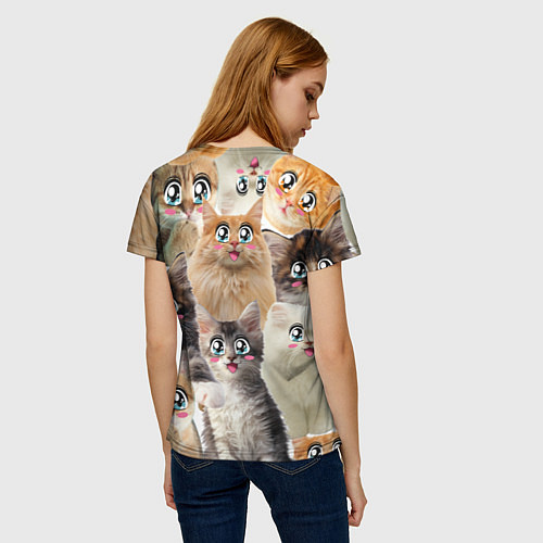 Женская футболка Много кошек с большими анимэ глазами / 3D-принт – фото 4