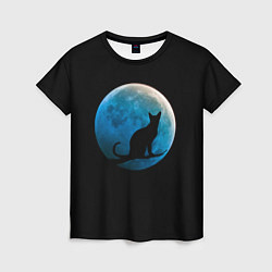 Футболка женская Силуэт кота на фоне синей луны, цвет: 3D-принт