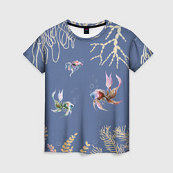 Женская футболка Разноцветные акварельные рыбки с морскими водоросл