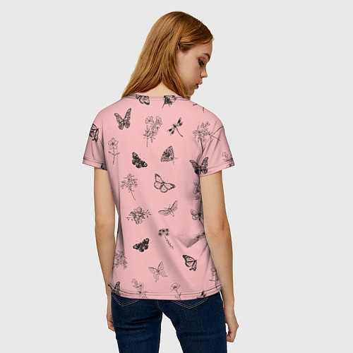 Женская футболка Цветочки и бабочки на розовом фоне / 3D-принт – фото 4