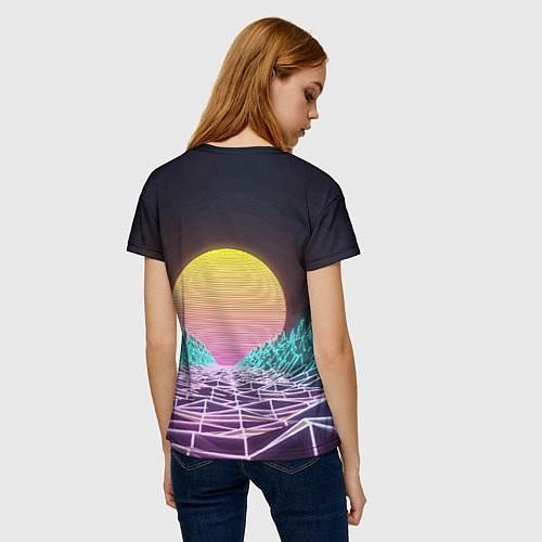 Женская футболка Vaporwave Закат солнца в горах Neon / 3D-принт – фото 4