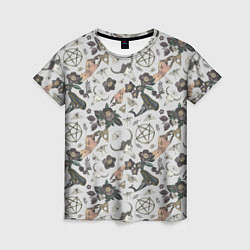 Женская футболка Пентаграмма, бабочка, череп, ведьма, темные цветы