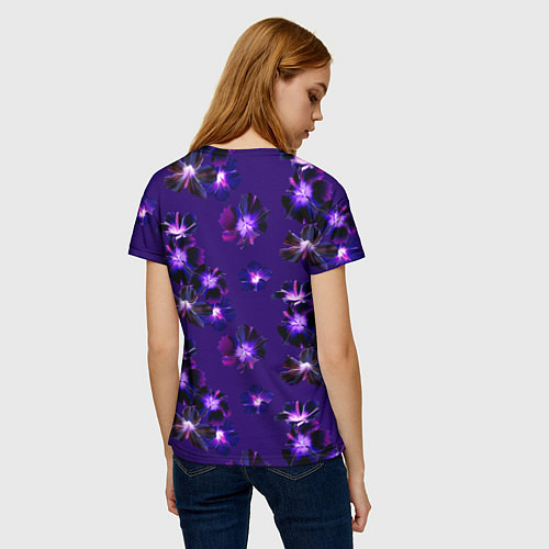 Женская футболка Цветы Фиолетовые Гибискус На Синем Фоне / 3D-принт – фото 4