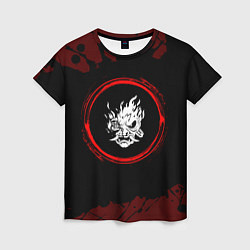 Женская футболка Символ Cyberpunk 2077 и краска вокруг на темном фо