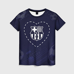 Женская футболка Лого Barcelona в сердечке на фоне мячей