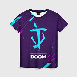 Женская футболка Символ Doom в неоновых цветах на темном фоне