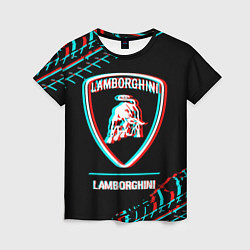 Женская футболка Значок Lamborghini в стиле Glitch на темном фоне