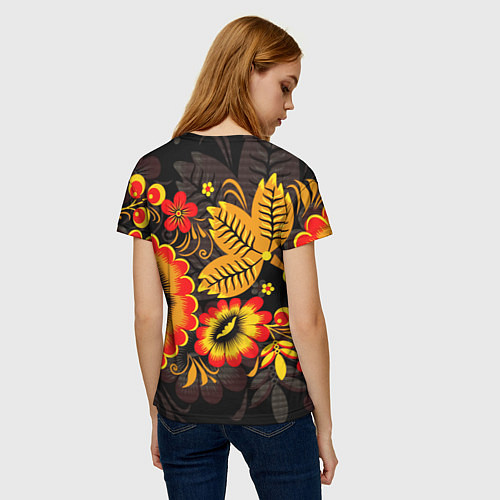 Женская футболка Хохломская Роспись Цветы На Тёмном Фоне / 3D-принт – фото 4