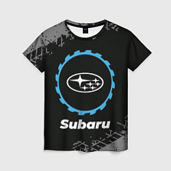 Женская футболка Subaru в стиле Top Gear со следами шин на фоне