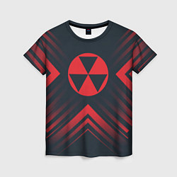 Женская футболка Красный Символ Fallout на темном фоне со стрелками
