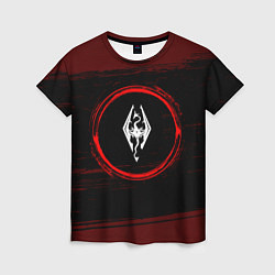 Женская футболка Символ Skyrim и краска вокруг на темном фоне