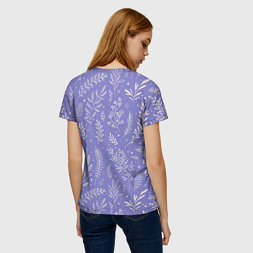 Женская футболка Цветы и Листья На Фиолетовом Фоне / 3D-принт – фото 4