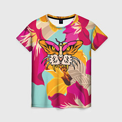 Женская футболка Цветы, бабочка и морда тигра