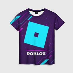 Женская футболка Символ Roblox в неоновых цветах на темном фоне
