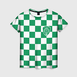 Женская футболка ФК Ахмат на фоне бело зеленой формы в квадрат