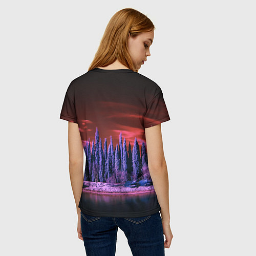 Женская футболка Абстрактный фиолетовый лес и тёмная река / 3D-принт – фото 4