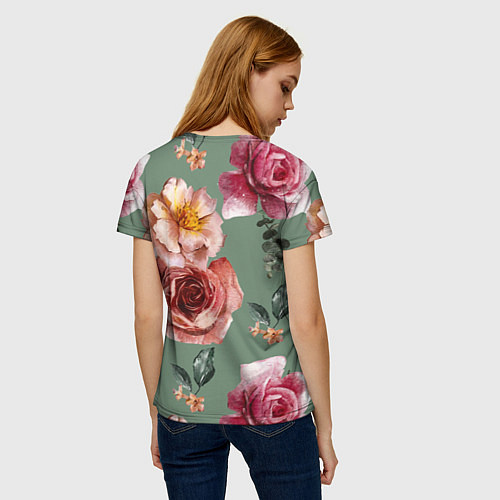 Женская футболка Цветы Нарисованные Розы и Пионы / 3D-принт – фото 4