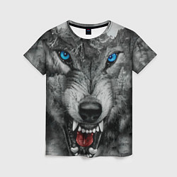 Женская футболка Агрессивный волк с синими глазами
