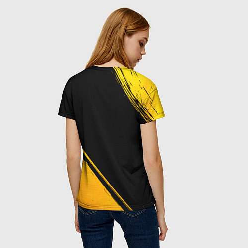 Женская футболка Disturbed - gold gradient: символ и надпись вертик / 3D-принт – фото 4