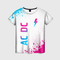 Футболка женская AC DC neon gradient style: символ и надпись вертик, цвет: 3D-принт