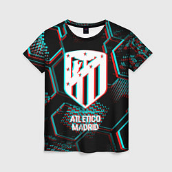 Женская футболка Atletico Madrid FC в стиле glitch на темном фоне