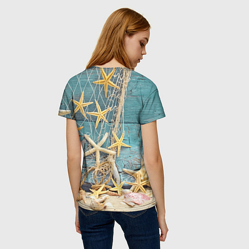 Женская футболка Натюрморт из сети, морских звёзд и ракушек - лето / 3D-принт – фото 4