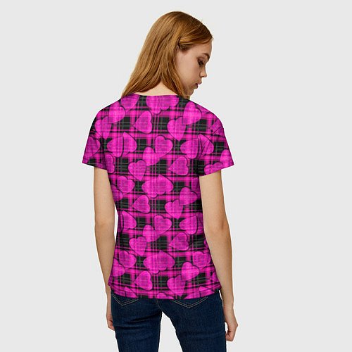 Женская футболка Black and pink hearts pattern on checkered / 3D-принт – фото 4